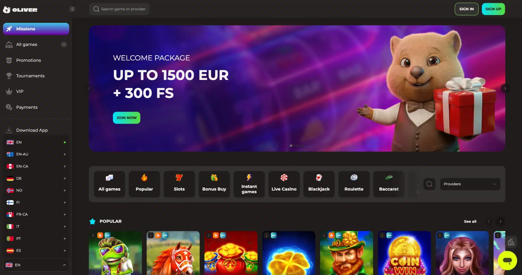 Oliver Casino Main Page